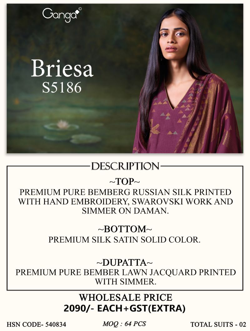 Ganga Briesa 5186 Bemberg Russian Silk Print Embroidered Salwar Kameez — Wholesale Salwar Suits, Ganga wholesale from Surat — view 5