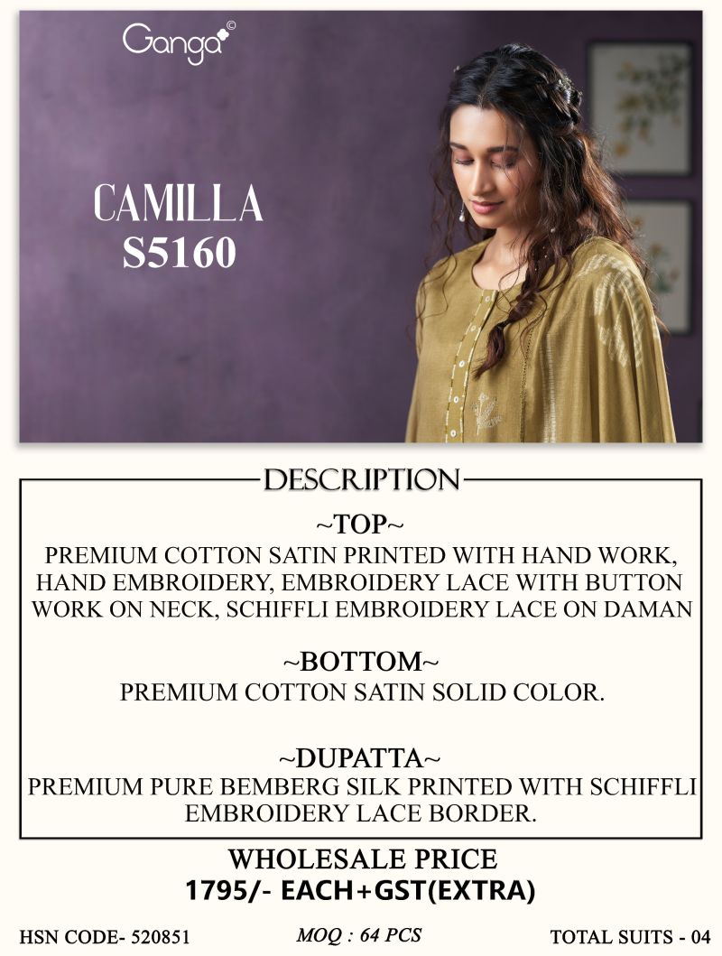 Ganga Camilla 5160 Cotton Satin Print With Hand Work Salawar Kameez — Wholesale Dress Material wholesale from Surat — view 8