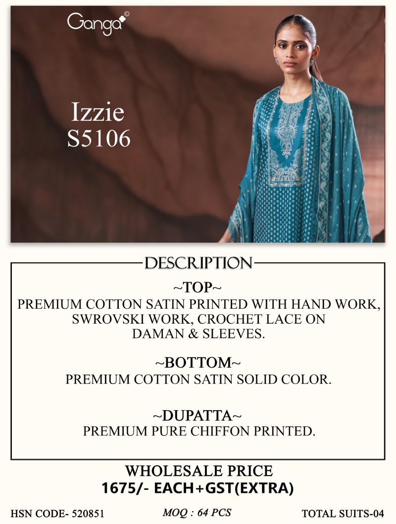 Ganga Izzie 5106 Cotton Satin Print Handwork Salwar Kameez — Wholesale Dress Material, Vardan Ethnic wholesale from Surat — view 9