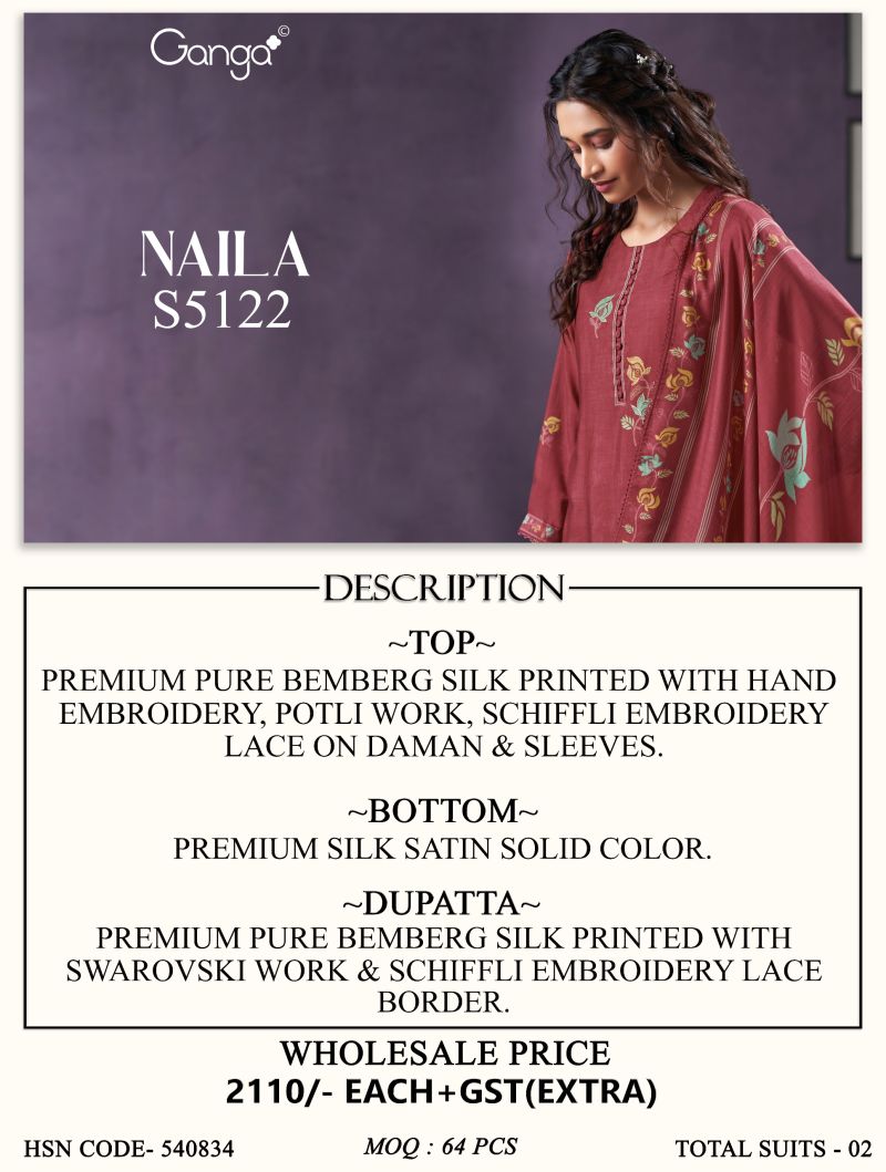 Ganga Naila 5122 Bemberg Silk Print Embroidered Salwar Kameez — Wholesale Dress Material, Ganpati wholesale from Surat — Photo 5