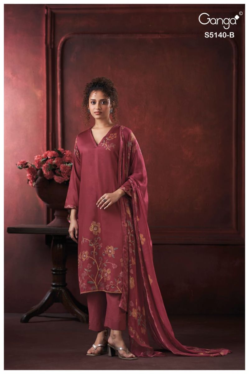 Ganga Romina 5140 Cotton Satin Print Hand Embroidered Salwar Kameez Catalog