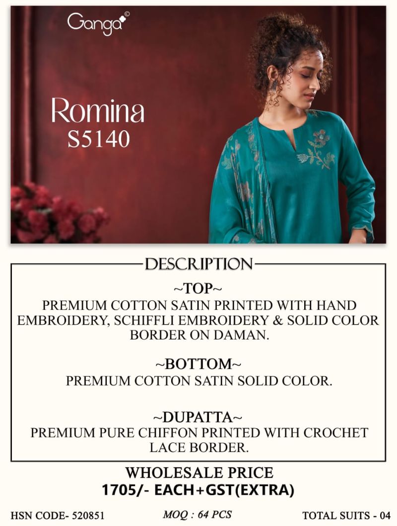 Ganga Romina 5140 Cotton Satin Print Hand Embroidered Salwar Kameez Catalog — Wholesale Dress Material wholesale from Surat — view 9
