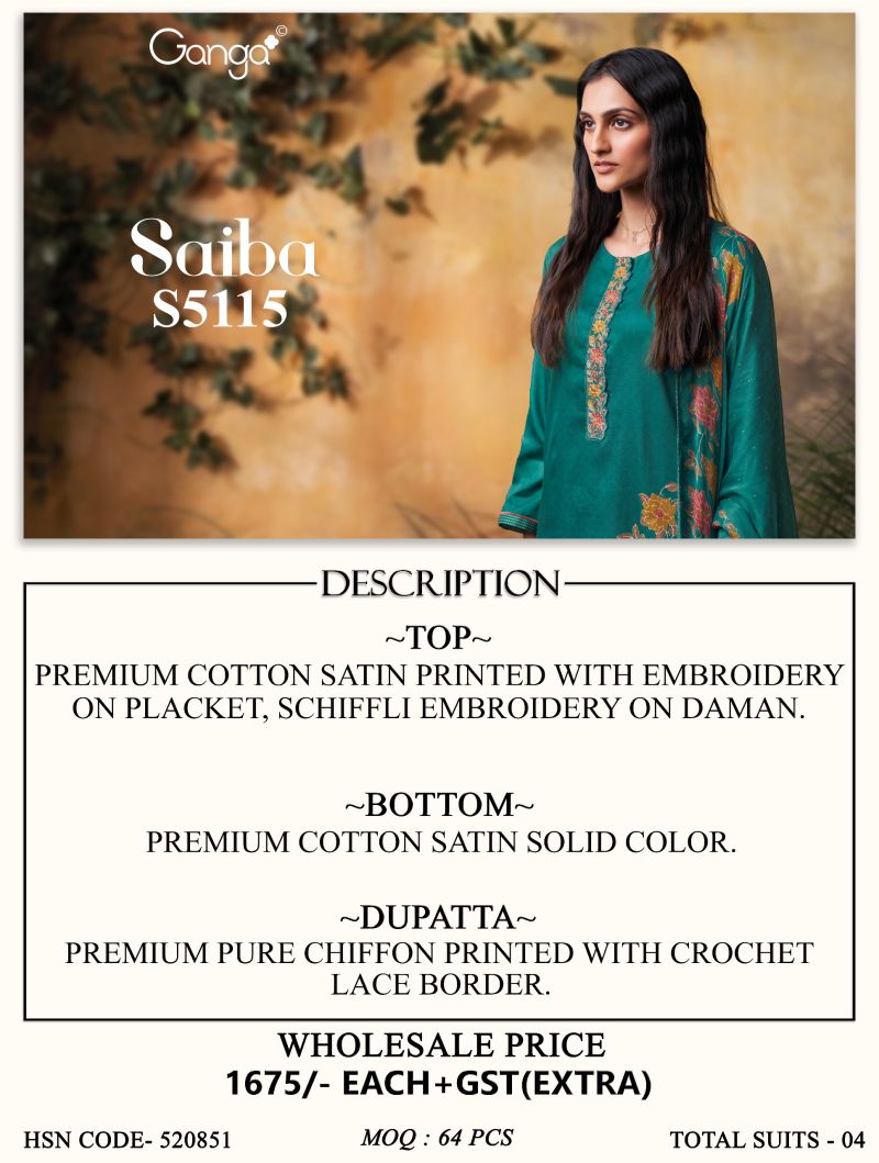 Ganga Saiba 5115 Cotton Satin Print Embroidered Salwar Kameez Catalog — Wholesale Salwar Suits, Ganga wholesale from Surat — view 9