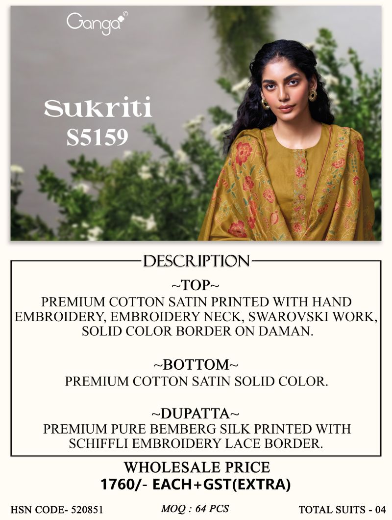 Ganga Sukriti 5159 Cotton Satin Print Embroidered Salwar Kameez — Wholesale Dress Material wholesale from Surat — view 9