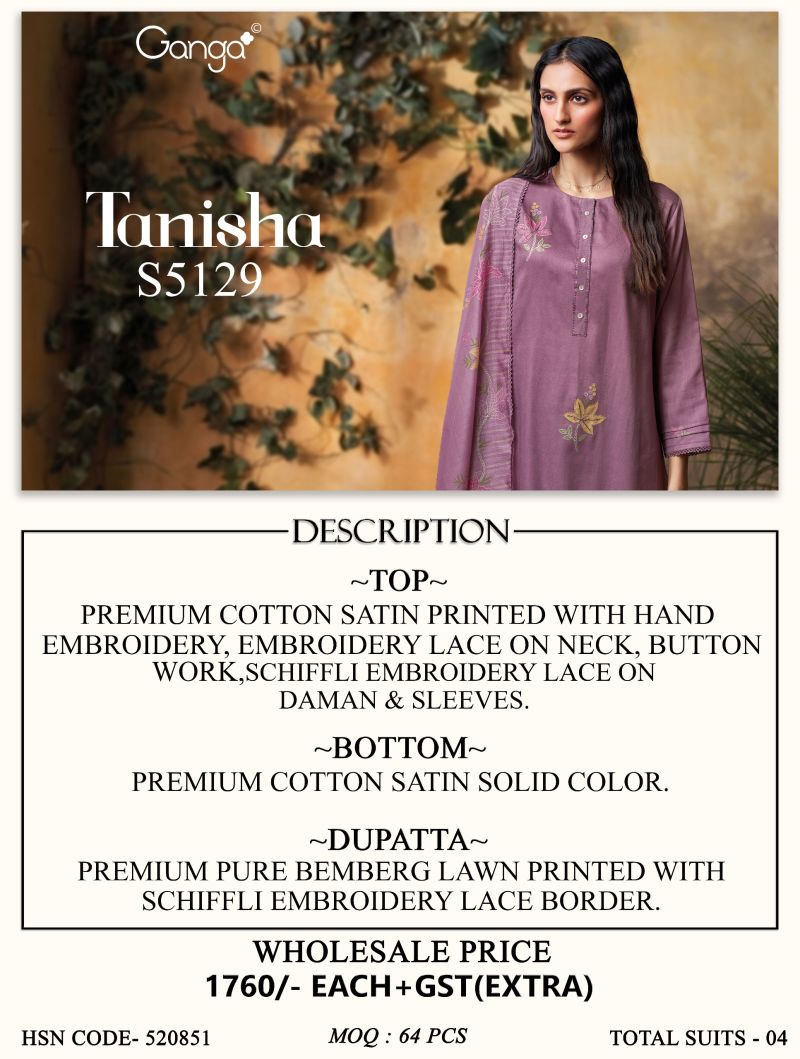 Ganga Tanisha 5129 Cotton Satin Print Embroidered Salwar Kameez Catalog — Wholesale Salwar Suits, Vardan Ethnic wholesale from Surat — view 9