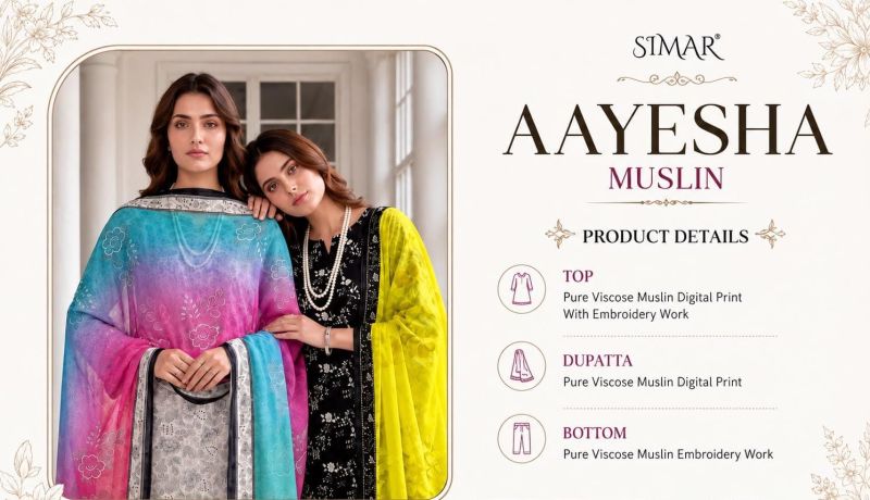 Glossy Simar Aayesha Viscose Muslin Digital Print Embroidered Salwar Kameez — Wholesale Dress Material wholesale from Surat — view 7