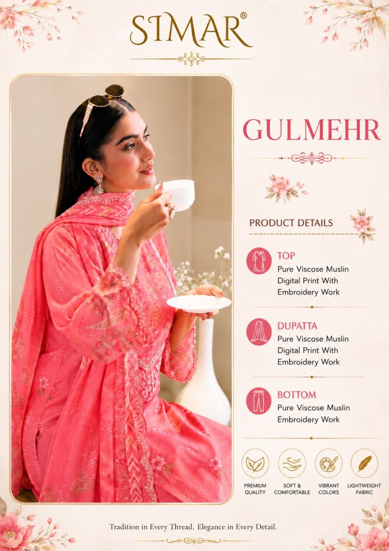 Glossy Simar Gulmehr Viscose Muslin Digital Print Embroidered Salwar Kameez — Wholesale Dress Material wholesale from Surat — view 5
