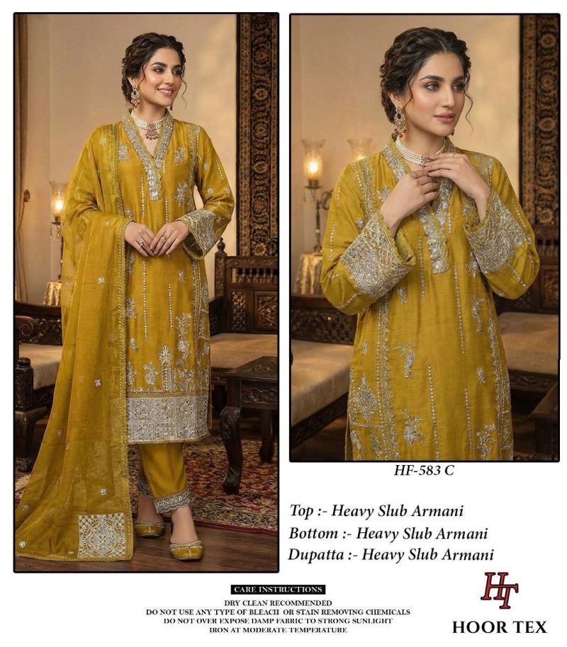 Hoor Tex 583 A To D Slub Armani Embroidered Salwar Kameeez Catalog — Wholesale Pakistani Suits, hoor Tex wholesale from Surat — view 3