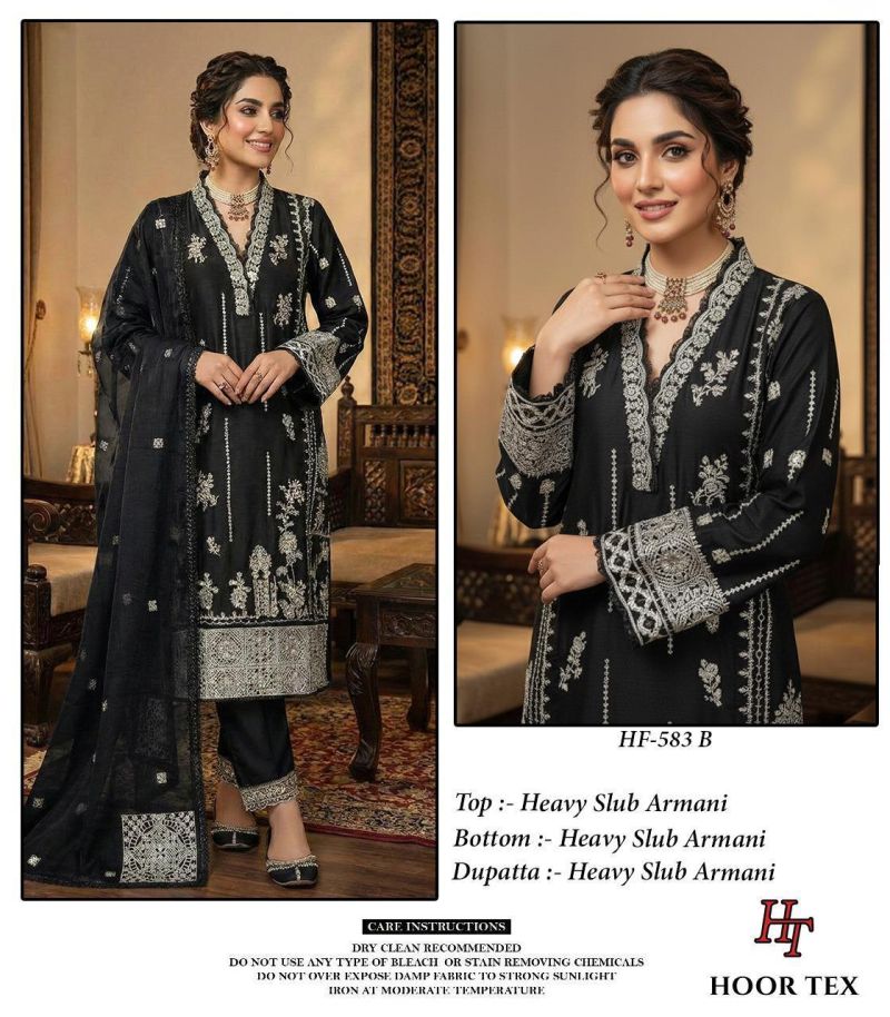 Hoor Tex 583 A To D Slub Armani Embroidered Salwar Kameeez Catalog — Wholesale Pakistani Suits, hoor Tex wholesale from Surat — view 4