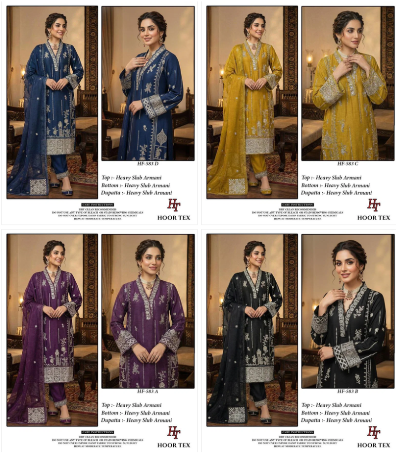 Hoor Tex 583 A To D Slub Armani Embroidered Salwar Kameeez Catalog — Wholesale Pakistani Suits, hoor Tex wholesale from Surat — view 9