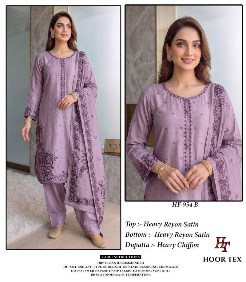Hoor Tex 954 A To D Rayon Satin Embroidered Salwar Kameez