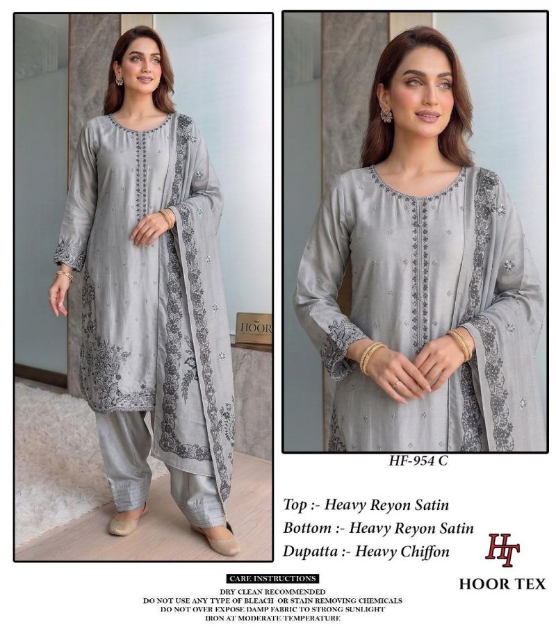 Hoor Tex 954 A To D Rayon Satin Embroidered Salwar Kameez — Wholesale Pakistani Suits, Vardan Ethnic wholesale from Surat — view 4