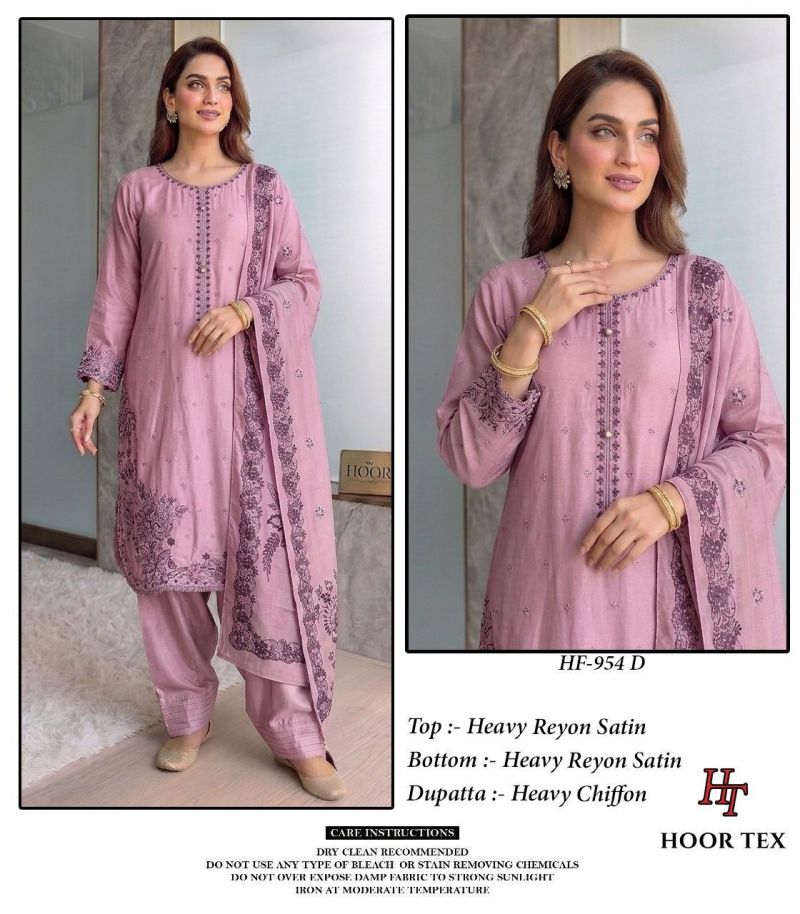 Hoor Tex 954 A To D Rayon Satin Embroidered Salwar Kameez — Wholesale Pakistani Suits, Vardan Ethnic wholesale from Surat — view 5