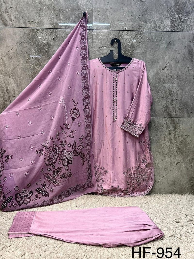 Hoor Tex 954 A To D Rayon Satin Embroidered Salwar Kameez — Wholesale Pakistani Suits, Vardan Ethnic wholesale from Surat — view 7