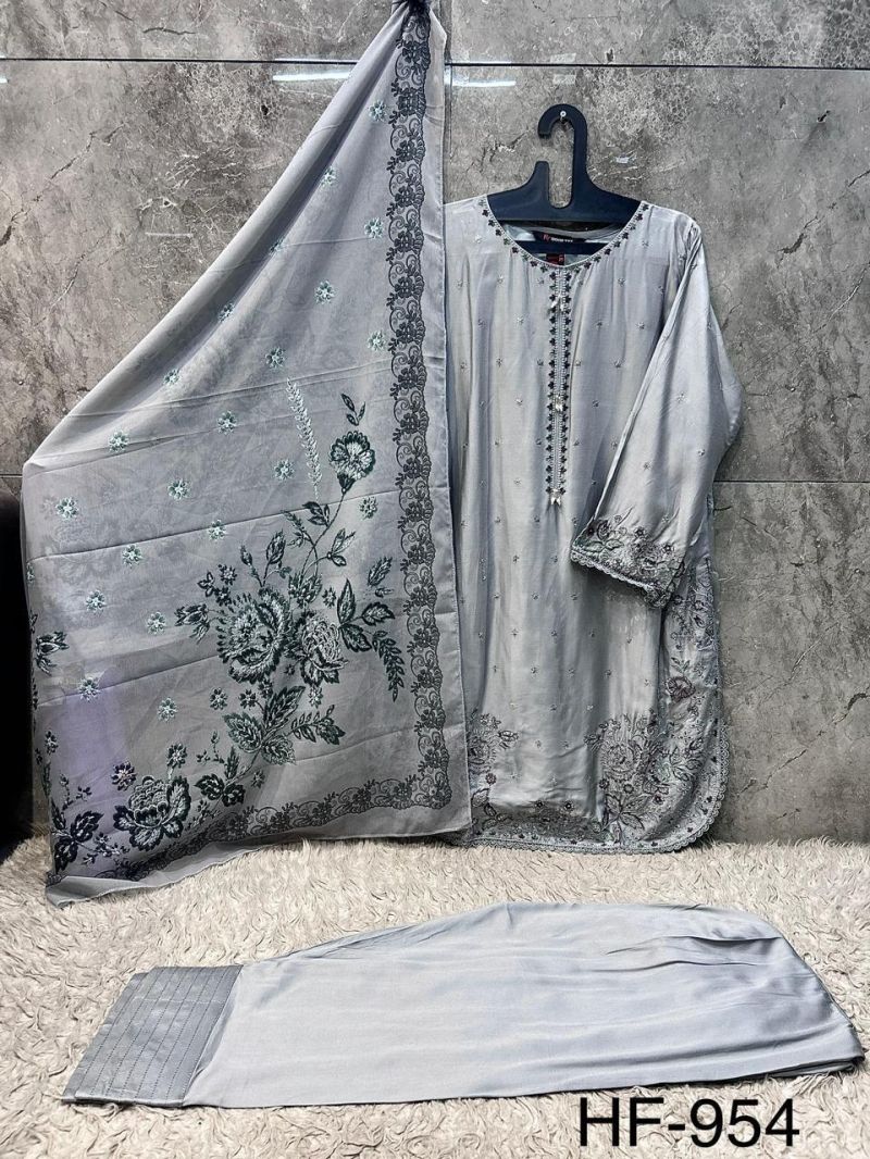 Hoor Tex 954 A To D Rayon Satin Embroidered Salwar Kameez — Wholesale Pakistani Suits, Vardan Ethnic wholesale from Surat — view 8