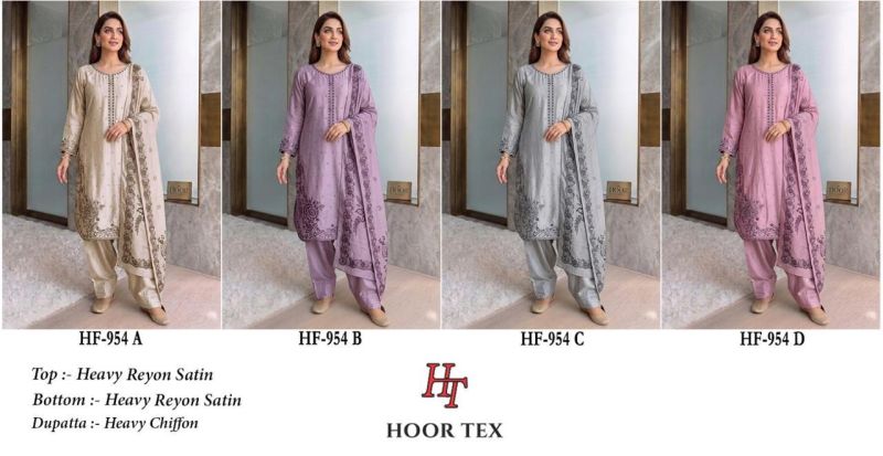 Hoor Tex 954 A To D Rayon Satin Embroidered Salwar Kameez — Wholesale Pakistani Suits, Vardan Ethnic wholesale from Surat — view 9