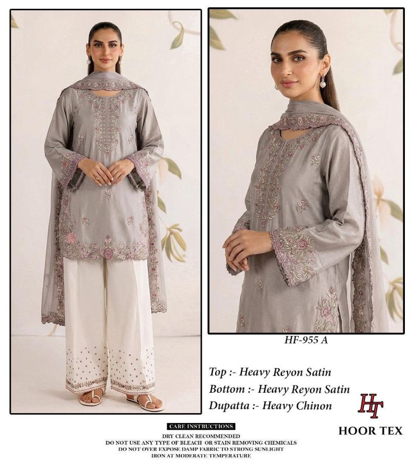 Hoor Tex 955 A To D Rayon Satin Embroidered Salwar Kameez — Wholesale Pakistani Suits, Vardan Ethnic wholesale from Surat — view 2