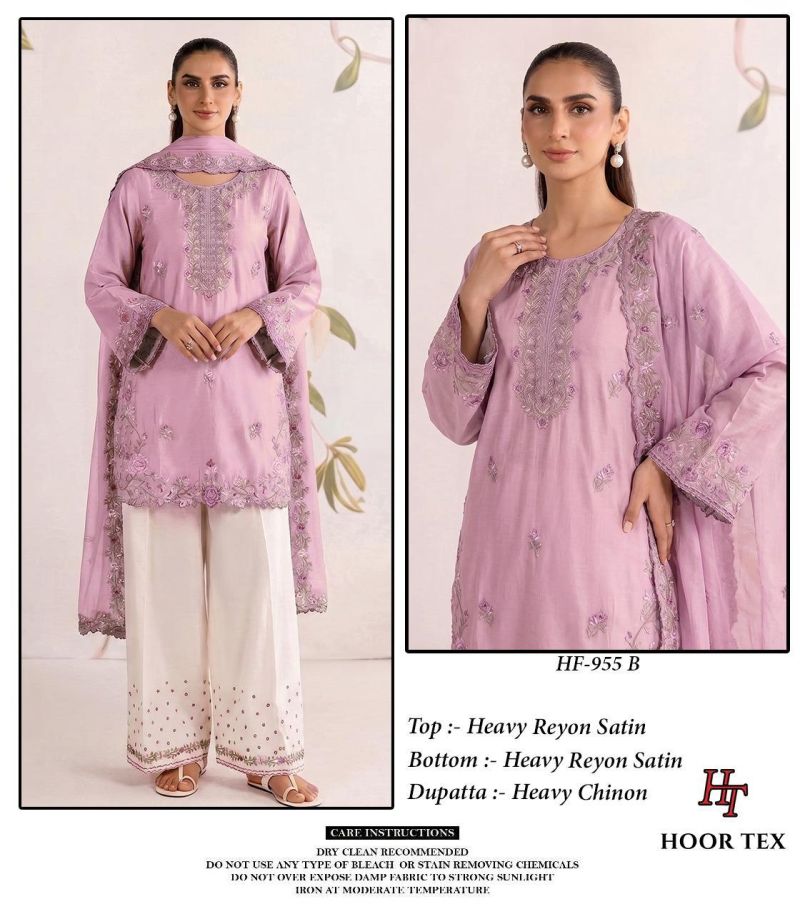 Hoor Tex 955 A To D Rayon Satin Embroidered Salwar Kameez — Wholesale Pakistani Suits, Vardan Ethnic wholesale from Surat — view 3