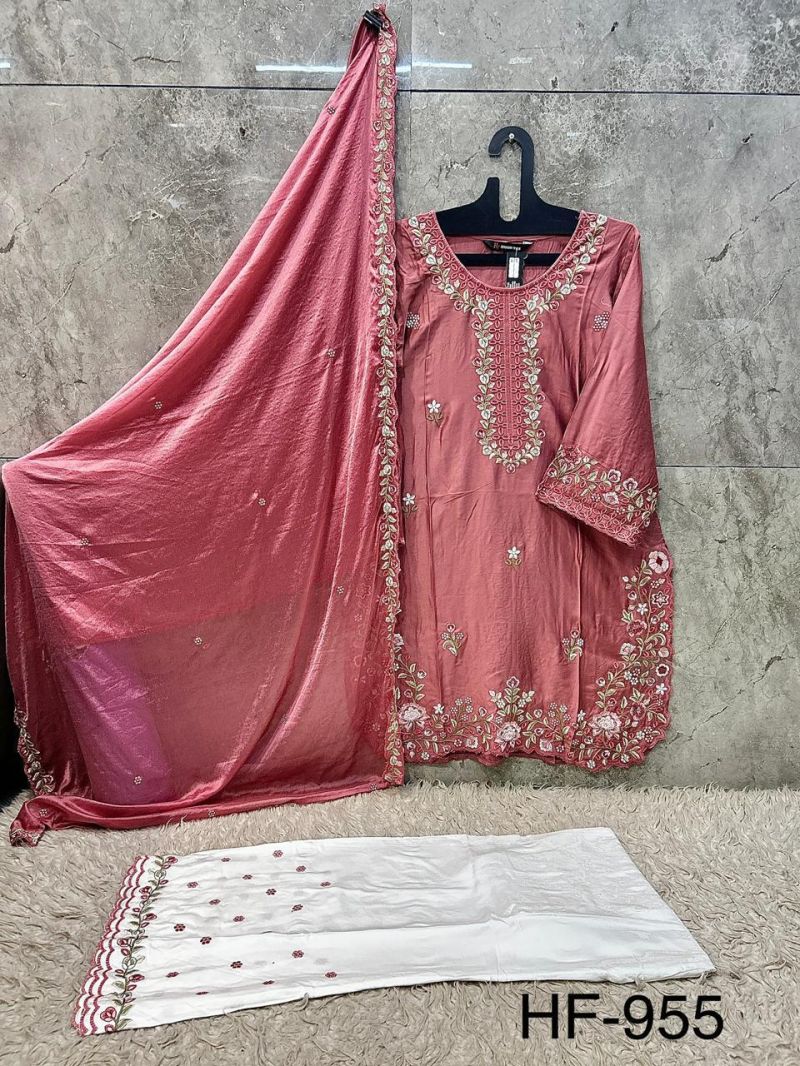 Hoor Tex 955 A To D Rayon Satin Embroidered Salwar Kameez — Wholesale Pakistani Suits, Vardan Ethnic wholesale from Surat — view 5