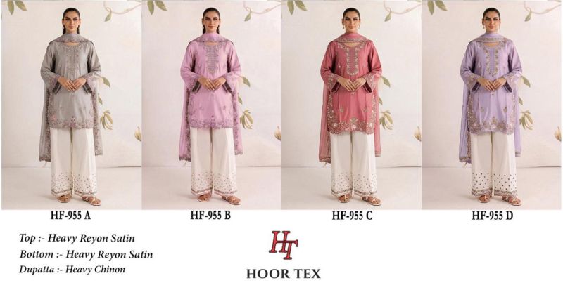 Hoor Tex 955 A To D Rayon Satin Embroidered Salwar Kameez — Wholesale Pakistani Suits, Vardan Ethnic wholesale from Surat — view 7