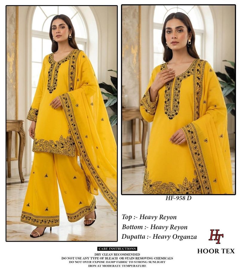 Hoor Tex 958 A To D Heavy Rayon Embroidered Pakistani Salwar Kameez — Wholesale Pakistani Suits, Vardan Ethnic wholesale from Surat - Gallery Image 3