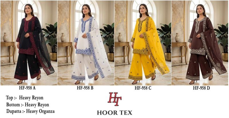 Hoor Tex 958 A To D Heavy Rayon Embroidered Pakistani Salwar Kameez — Wholesale Pakistani Suits, Vardan Ethnic wholesale from Surat — view 9