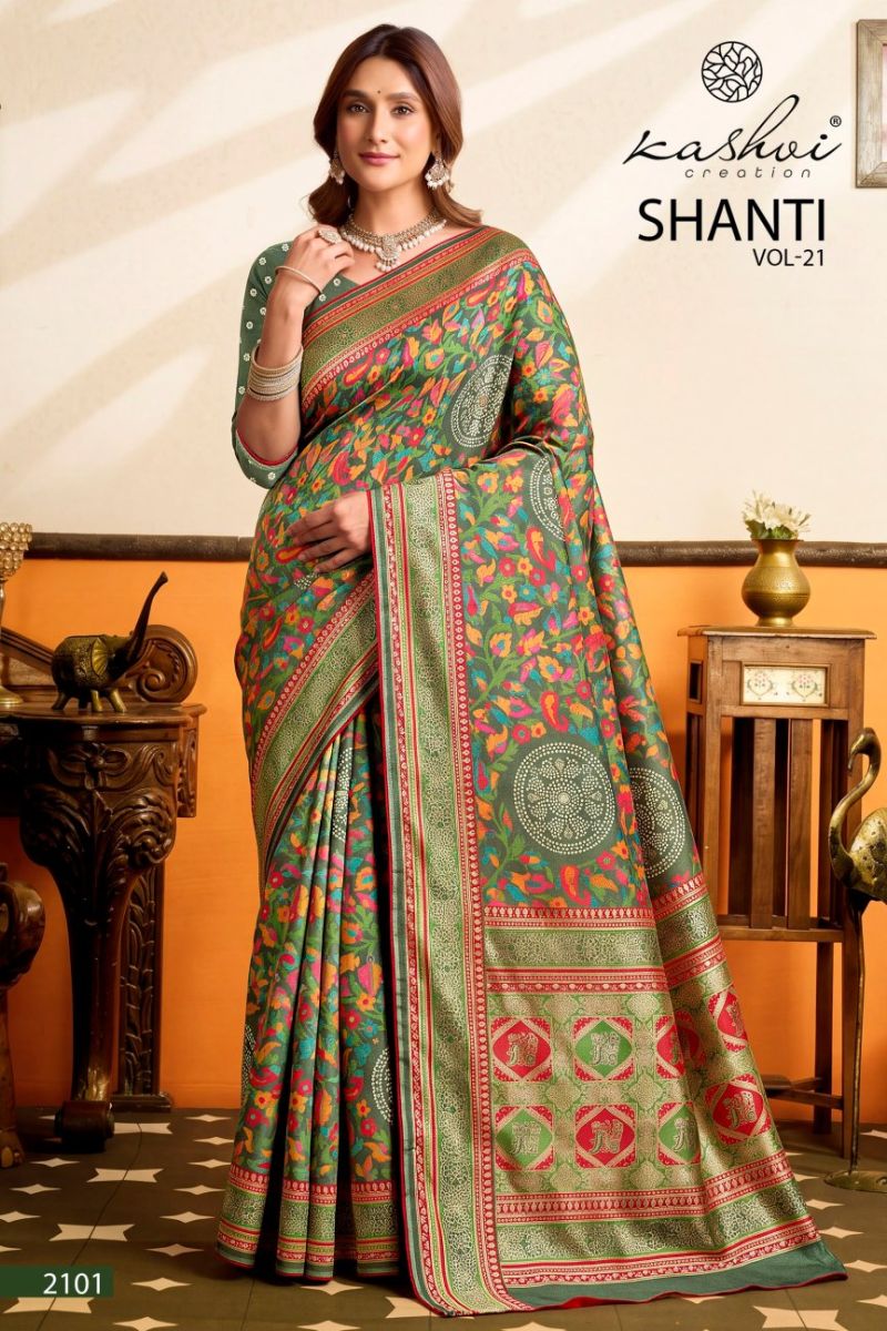 Kashvi Shanti Vol 21 Bright Moss Foil Printed Saree Catalog — Organza Saree, Kashvi wholesale from Surat — view 2