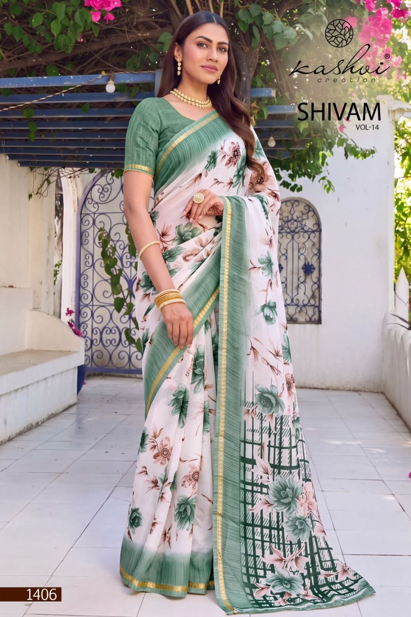 Kashvi Shivam Vol 14 Dull Moss Viscose Printed Saree Catalog — Festival Sarees, Vardan Ethnic wholesale from Surat — view 6