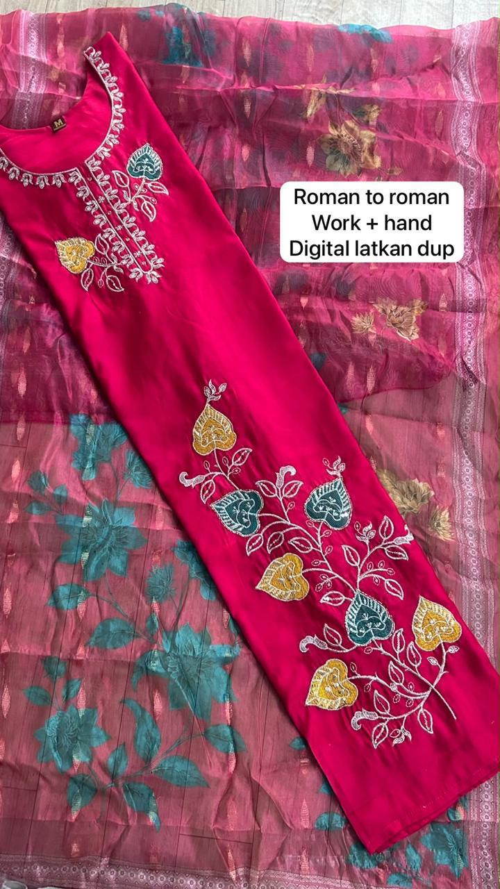 Kct Vol 1 Roman Hand Work Digital Print Kurti With Bottom Dupatta Set