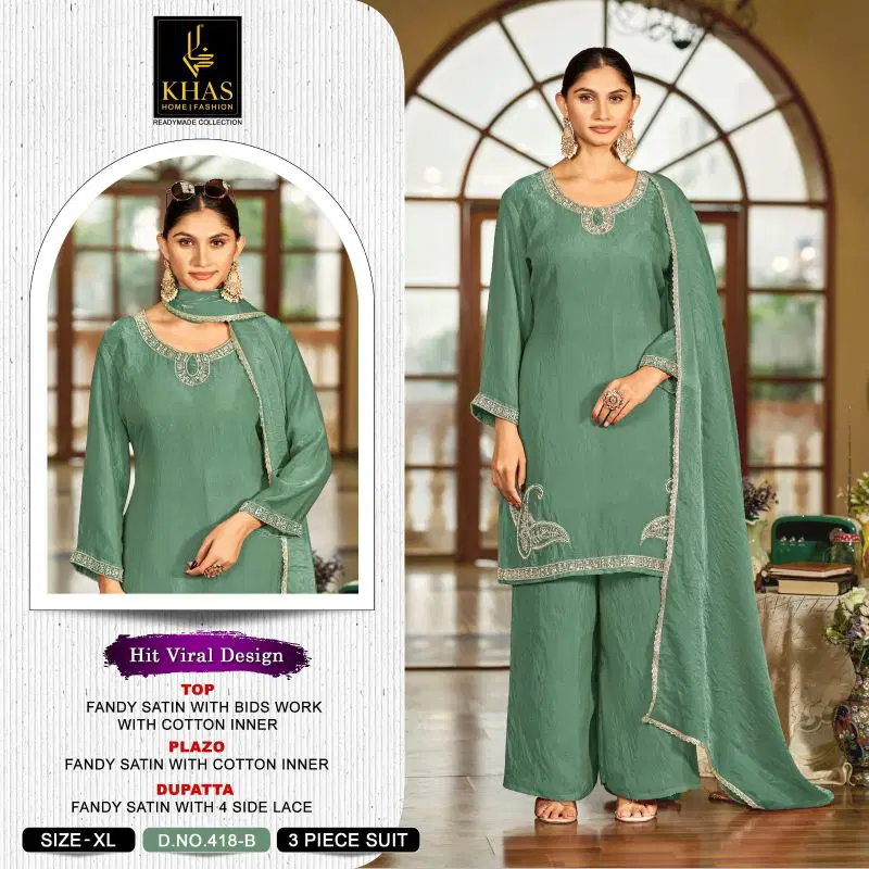 Khas 418 A To D Fandy Satin Beads Work Salwar Kameez Catalog — Wholesale Kurtis, Vardan Ethnic wholesale from Surat — Photo 2