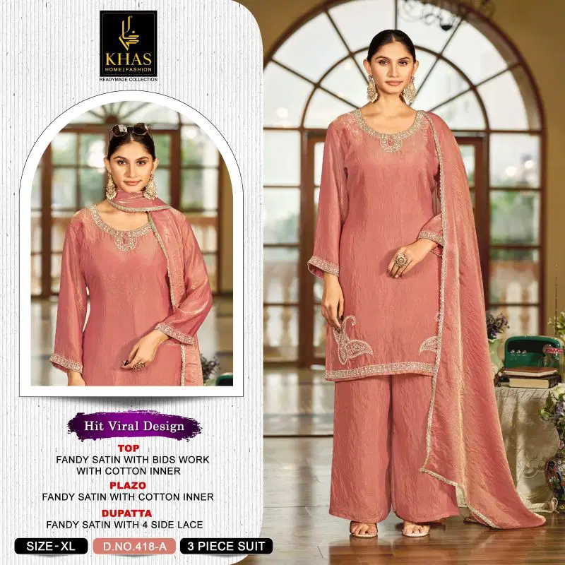Khas 418 A To D Fandy Satin Beads Work Salwar Kameez Catalog — Wholesale Kurtis, Vardan Ethnic wholesale from Surat — Photo 3