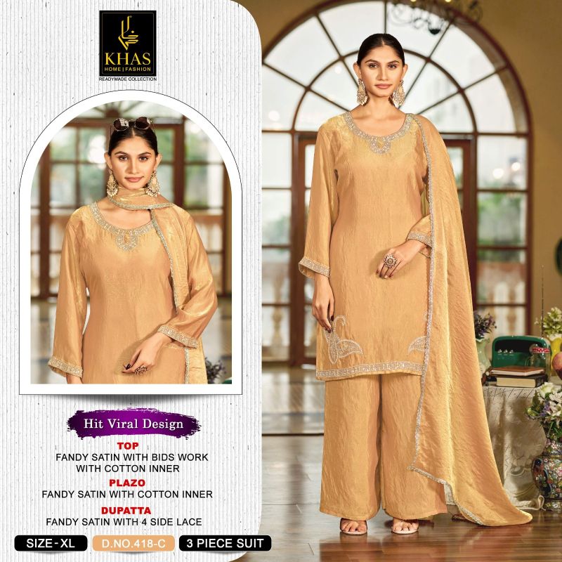 Khas 418 A To D Fandy Satin Beads Work Salwar Kameez Catalog — Wholesale Kurtis, Vardan Ethnic wholesale from Surat — view 4