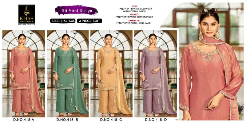 Khas 418 A To D Fandy Satin Beads Work Salwar Kameez Catalog — Wholesale Kurtis, Vardan Ethnic wholesale from Surat — Photo 5