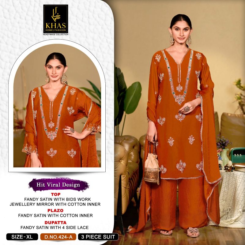 Khas 424 A To C Fandy Satin Beads Work Designer Salwar Kameez — Wholesale Kurtis, Vardan Ethnic wholesale from Surat - Gallery Image 3