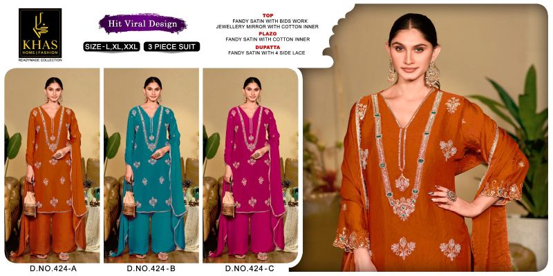 Khas 424 A To C Fandy Satin Beads Work Designer Salwar Kameez — Wholesale Kurtis, Vardan Ethnic wholesale from Surat — view 4