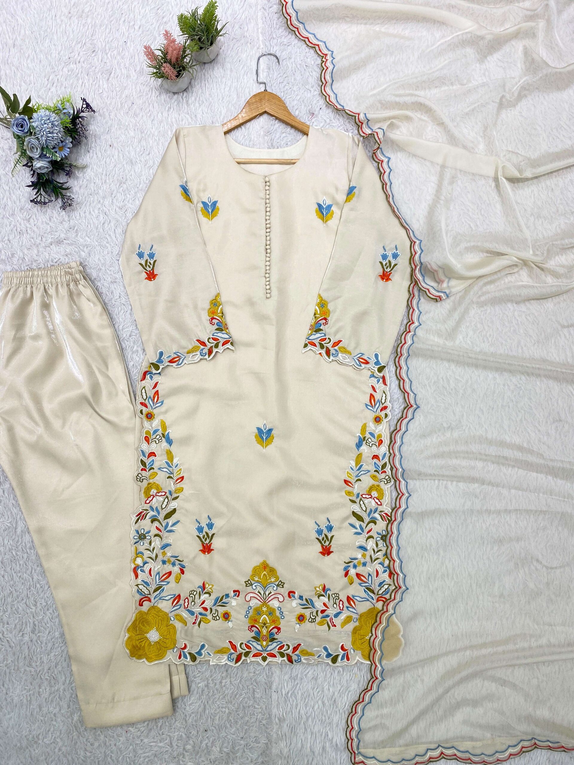 LG 2132 Roman Silk Beautiful Pakistani Suit Top With Embroidered Worked Pant And Dupatta Set — Wholesale Readymade Suit, Vardan Ethnic wholesale from Surat — view 4