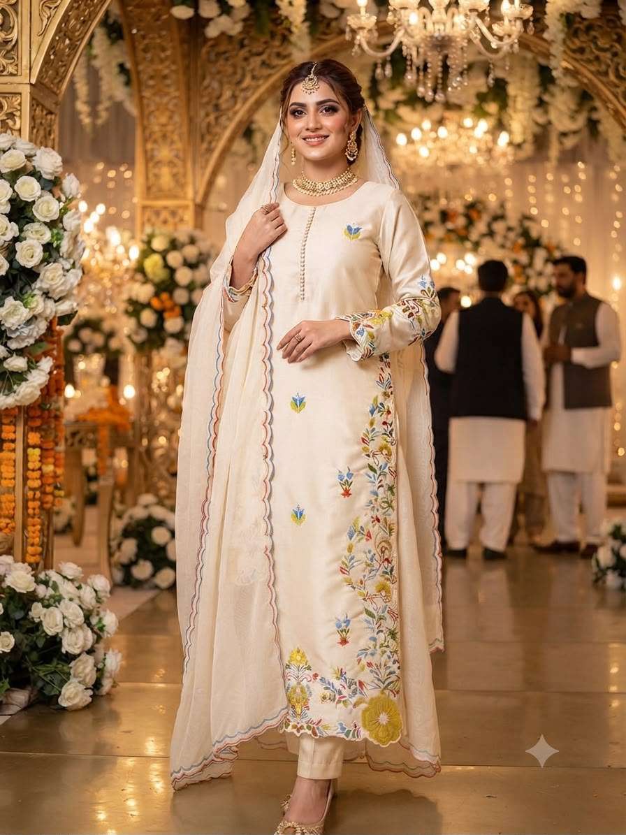 LG 2132 Roman Silk Beautiful Pakistani Suit Top With Embroidered Worked Pant And Dupatta Set