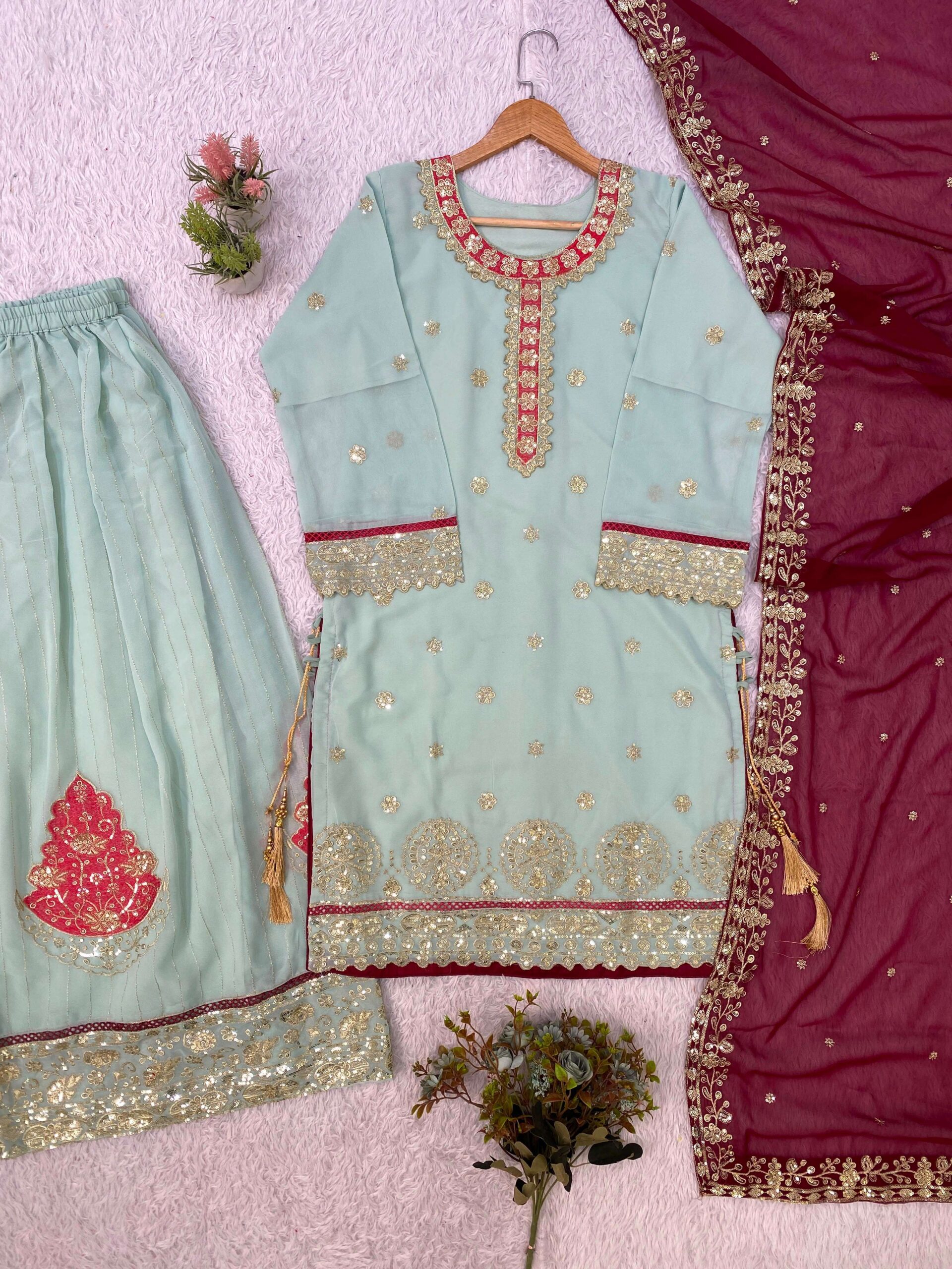 LG 2133 Georgette Heavy Embroidered Dsigner Top Plazzo And Dupatta Set — Wholesale Kurtis, Vardan Ethnic wholesale from Surat — view 4