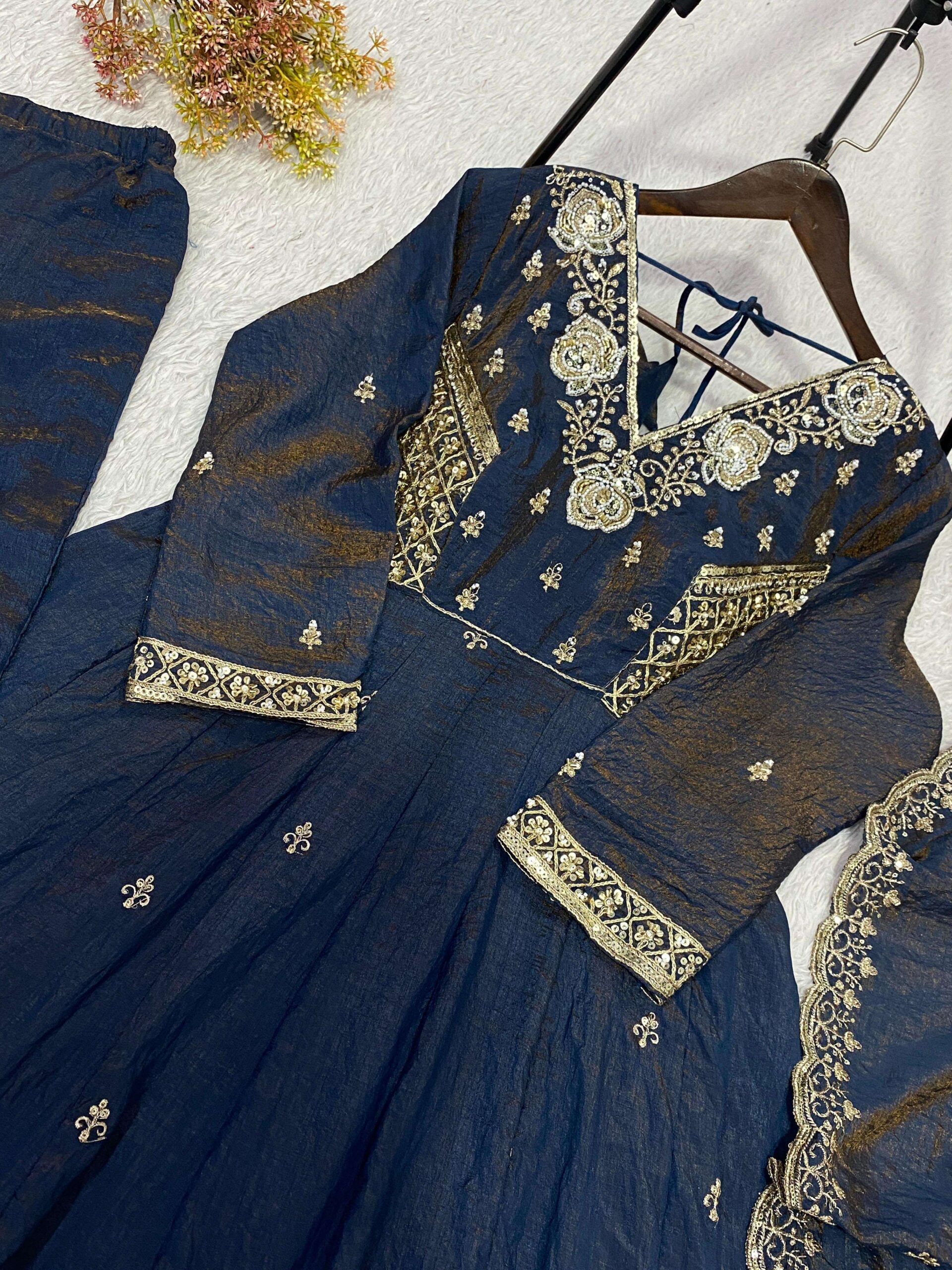 Loomeera LM-19 Designer Vichitra Gown Pant Dupatta Set for Women — Wholesale Kurti Pant Set, Vardan Ethnic wholesale from Surat — view 4