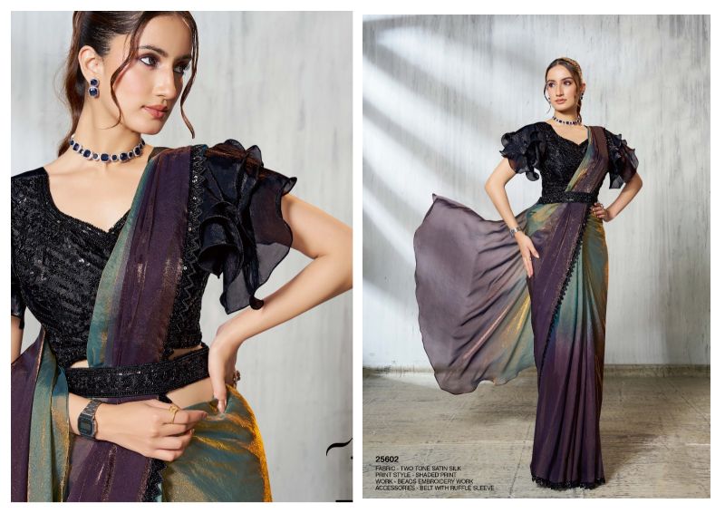 Mahotsav Mohmanthan 25600 Soiree Two Tone Satin Silk Beads Embroidered Saree Catalog — Designer Partywear Sarees, Vardan Ethnic wholesale from Surat — view 3