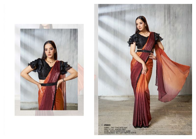 Mahotsav Mohmanthan 25600 Soiree Two Tone Satin Silk Beads Embroidered Saree Catalog — Designer Partywear Sarees, Vardan Ethnic wholesale from Surat — view 4