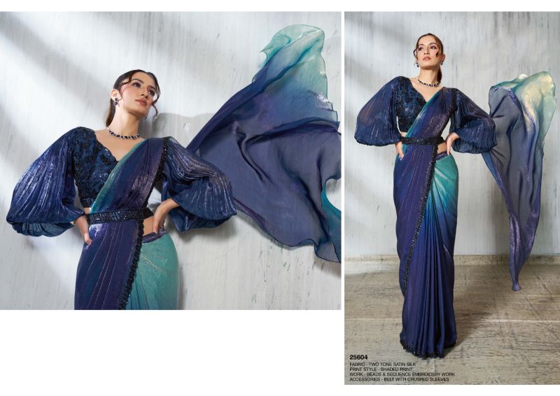 Mahotsav Mohmanthan 25600 Soiree Two Tone Satin Silk Beads Embroidered Saree Catalog — Designer Partywear Sarees, Vardan Ethnic wholesale from Surat — view 5