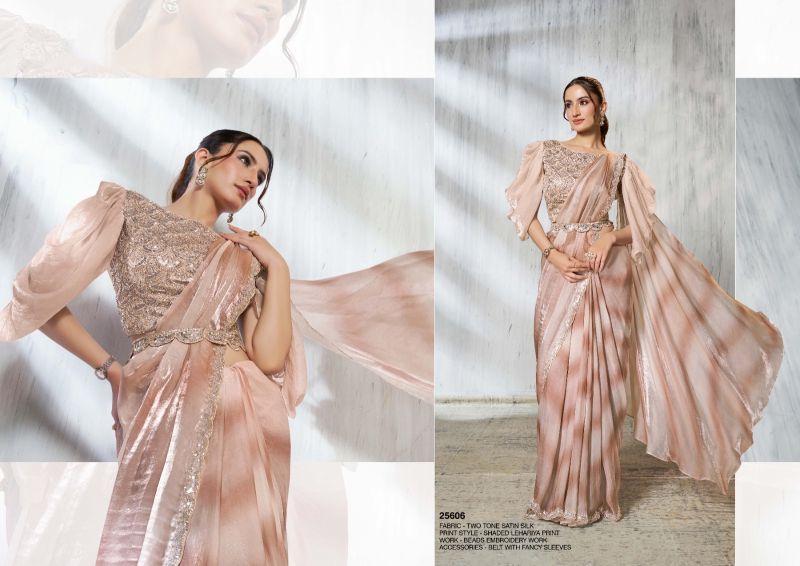 Mahotsav Mohmanthan 25600 Soiree Two Tone Satin Silk Beads Embroidered Saree Catalog — Designer Partywear Sarees, Vardan Ethnic wholesale from Surat — view 6