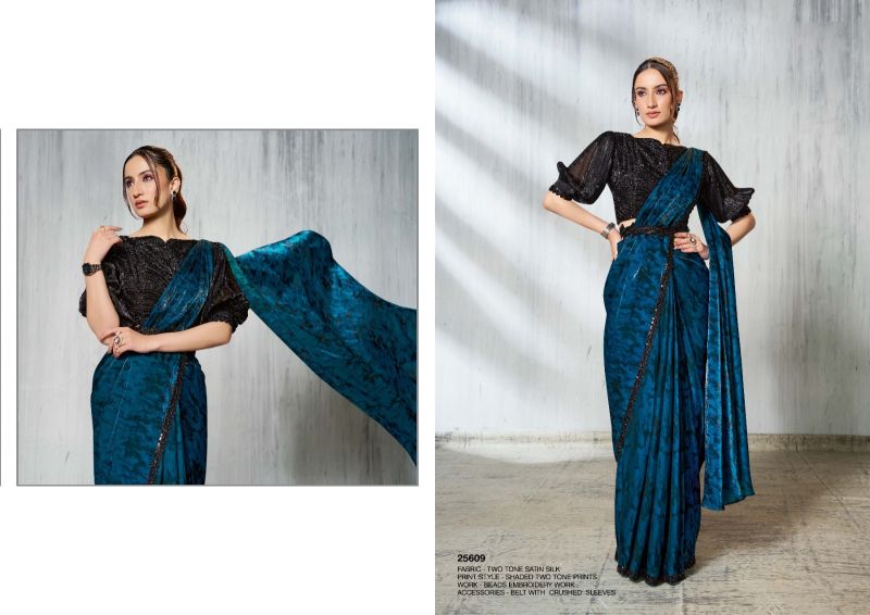 Mahotsav Mohmanthan 25600 Soiree Two Tone Satin Silk Beads Embroidered Saree Catalog — Designer Partywear Sarees, Vardan Ethnic wholesale from Surat — view 7