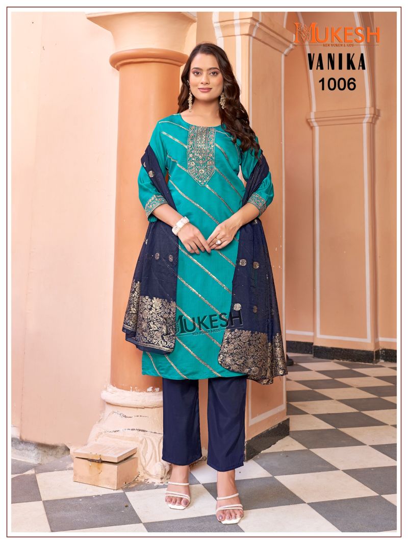 Mukesh Vanika Roman Silk Embroidered Kurti With Bottom Dupatta Set — Wholesale Readymade Suit wholesale from Surat — view 6
