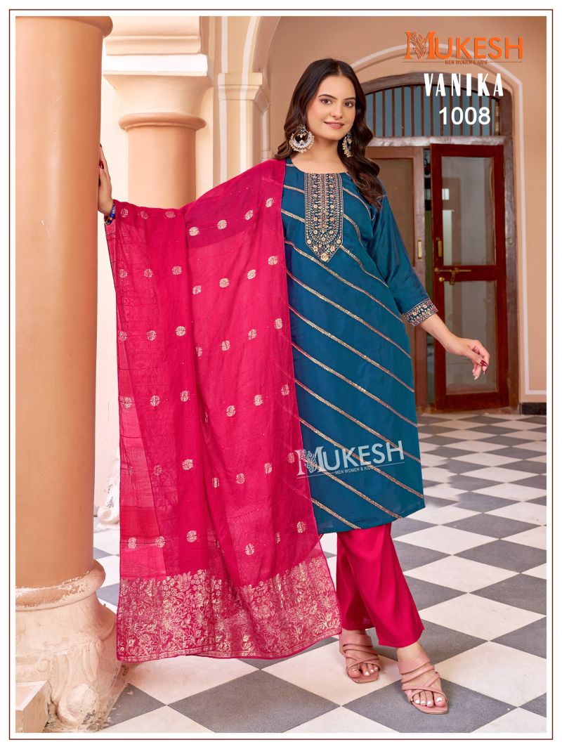 Mukesh Vanika Roman Silk Embroidered Kurti With Bottom Dupatta Set — Wholesale Readymade Suit wholesale from Surat — view 5