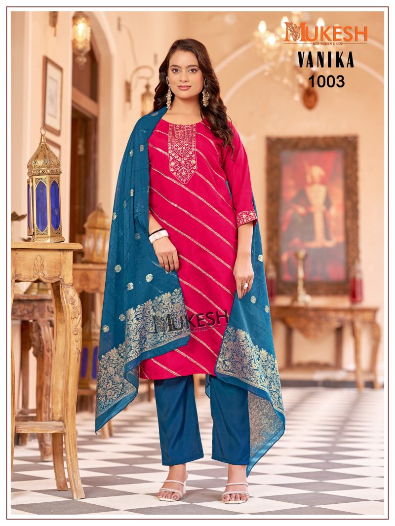 Mukesh Vanika Roman Silk Embroidered Kurti With Bottom Dupatta Set