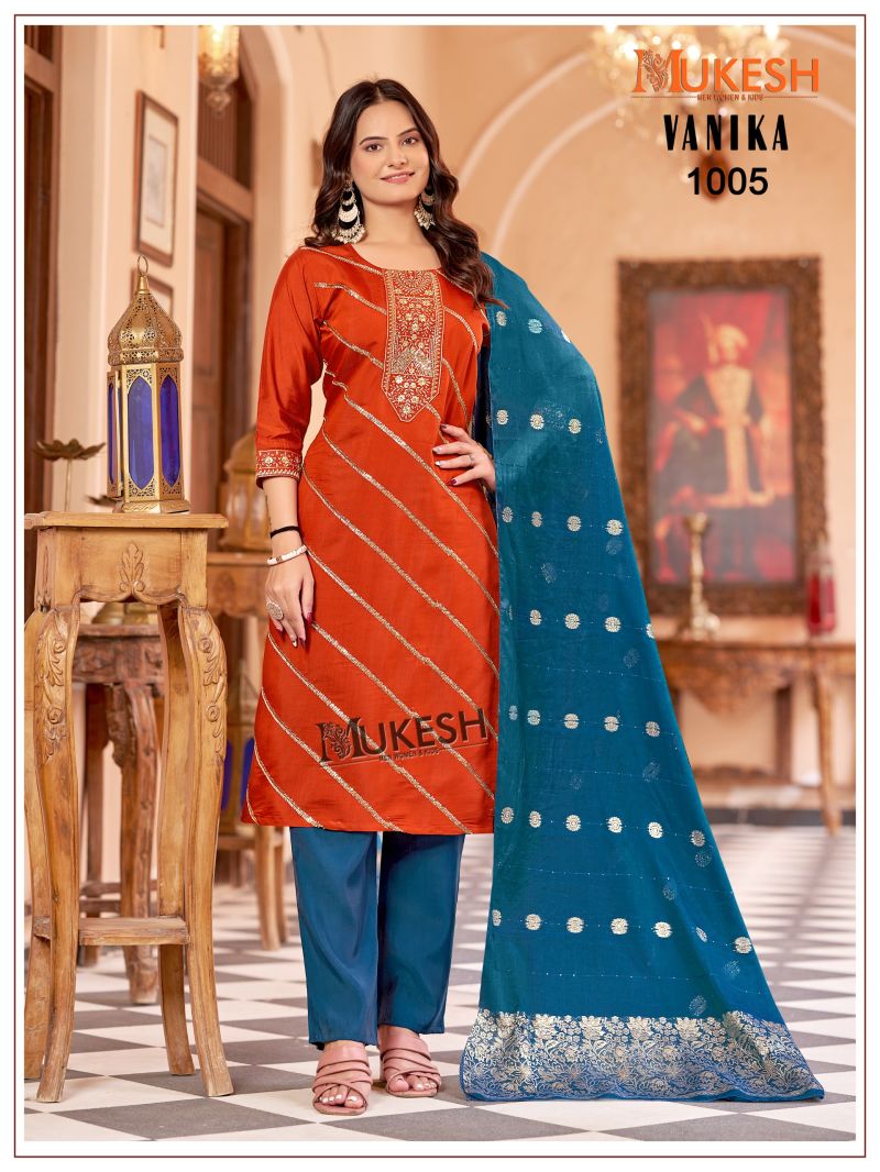 Mukesh Vanika Roman Silk Embroidered Kurti With Bottom Dupatta Set — Wholesale Readymade Suit wholesale from Surat — view 4