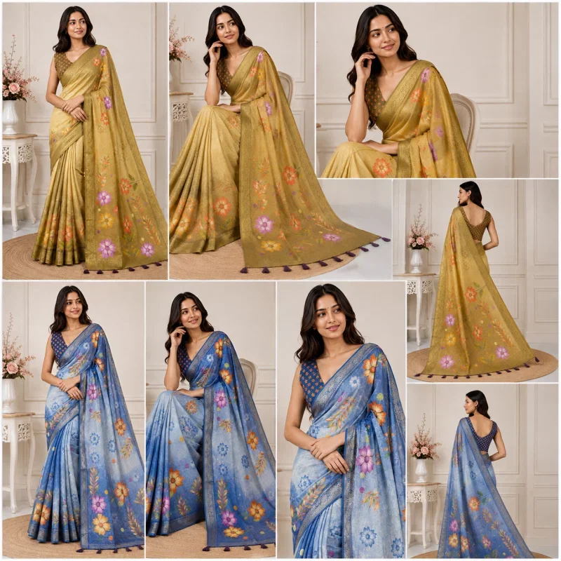 Mv Vis 23 Kanjivaram Silk Floral Printed Fancy Saree Catalog — Organza Saree, Vardan Ethnic wholesale from Surat — view 7