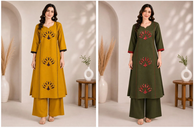 Naisha K 1155 Dhabu Cotton Hand And Manual Work Aline Kurti With Plazzo Catalog — Wholesale Kurtis, Vardan Ethnic wholesale from Surat — view 5